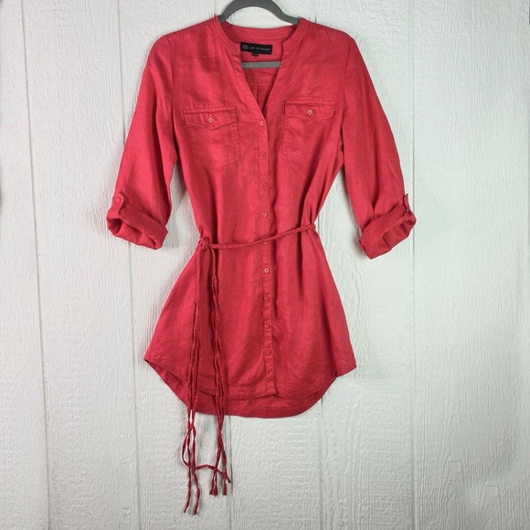 Lady Hathaway Button Up Red Tunic S/P Braided Fringe Belt 100% Linen Valentine's - Picture 4 of 16